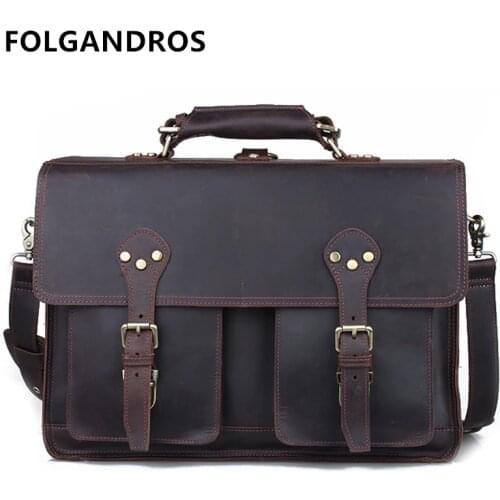 FOLGANDROS Mens Briefcases Handmade Genuine Cow Leather Vintage Business Laptop Computer Bag Famous Brand Designer Briefcases