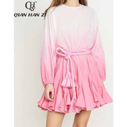 Qian Han Zi designer fashion women dress 2020 High quality 100% cotton Gradient printed belt slim casual dress