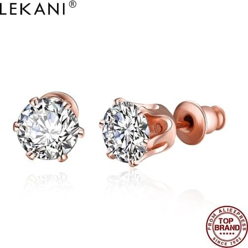 LEKANI Rose Gold Color Fashion Stud Earrings For Women Romantic Round Shiny 5A Clear Cubic Zirconia Earring Engagement Jewelry