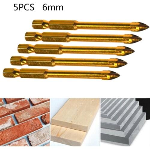 5 Pcs Drill Bit 6mm Titanium Ceramic Tile Marble Glass Drill Bits Spear Head Hex Shank For Woodworking Tools Accessories