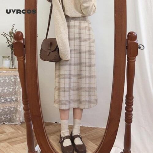 Vintage Plaid Women Skirts Autumn Pencil Long Girls Skirt Female Warm Thick Skirts Winter Women Skirt