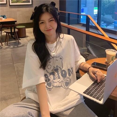 Womens T-shirts Tops Japanese Kawaii Ladies Ulzzang Bear Print Loose Casual Tshirt Female Korean Harajuku Clothes For Women