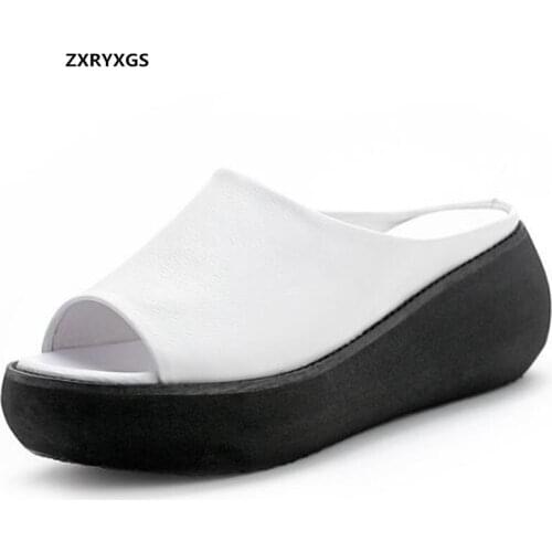 New Fish Mouth Full Genuine Leather Slippers Summer Sandals Increased Platform Wedges Slippers Casual Shoes Summer Women Sandals