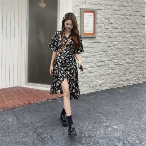 Summer Korean Dress Floral Print Irregular Midi Dress Young Style Patchwork Butterfly Sleeve V-Neck Sexy Split Fork Dress