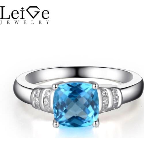 Leige Jewelry Swiss Blue Topaz Rings for Women Cushion Cut Blue Topaz Gemstone Rings Wedding Engagement 925 Silver Jewelry