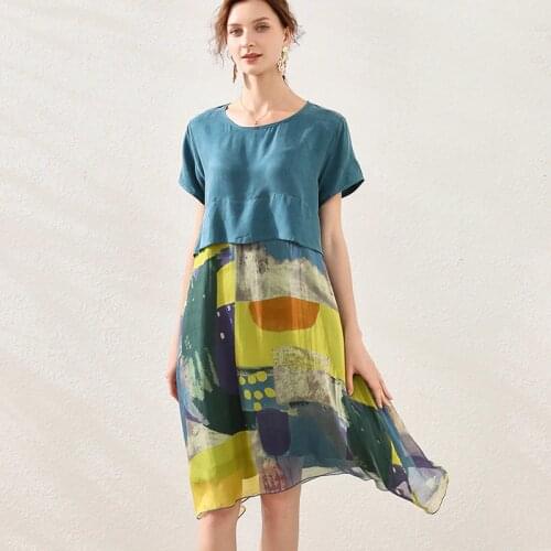 2020 Summer European Women short Sleeve Elegant Cupro Silk Beach Dress round neck loose smooth long dress vestidos Plus size 4XL