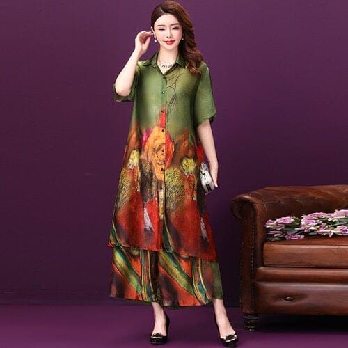 2 Pieces Autumn Short Sleeved Silk Women Dress New Style Cardigan Loose Printed Female Wide Legged Trousers Dresses
