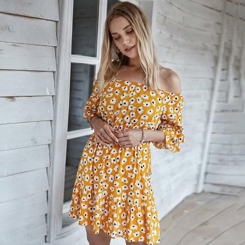 Floral Print Off The Shoulder Mini Dress Women 2021 Summer Butterfly Sleeve Slash Neck A Line Ladies Holiday Elegant Dresses