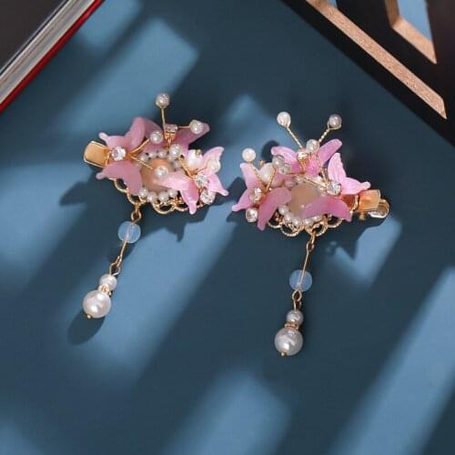 2 pcs Antique Hair Clips Pink Butterfly Pearl Hanfu Gril Hair Acceaaory Jewelry Handmade Hair Clip