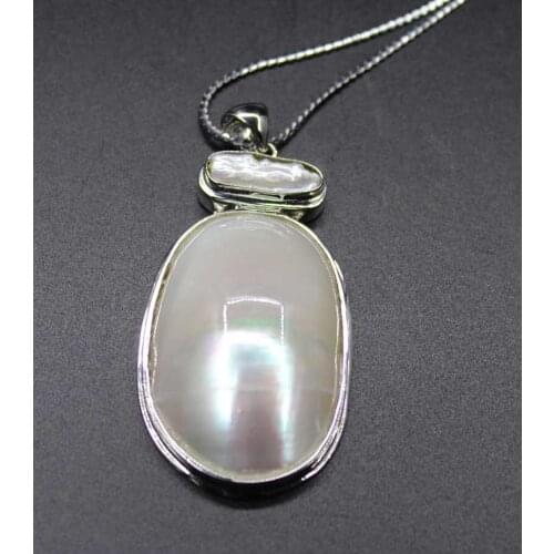 Free shipping silver Big white mabe keshi pearl necklace crescent Tooth beads pendant fine jewelry