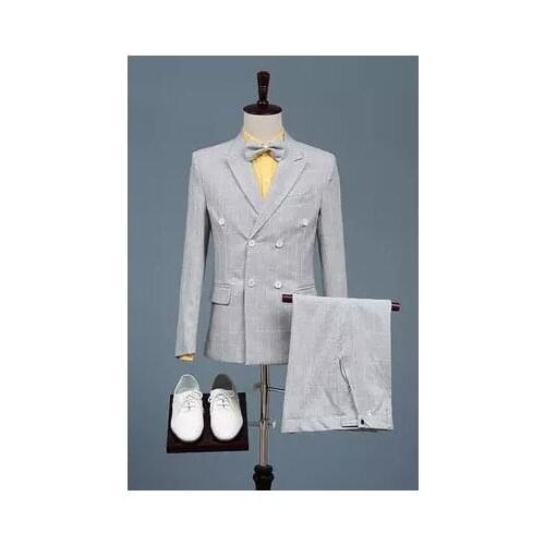 Double breasted lattice blazer men formal dress latest coat pant designs suit men marriage wedding suits for mens chorus grey