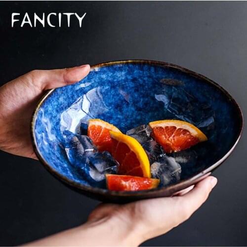 FANCITY Japanese blue special shaped bowl creative soup noodle bowl irregular fruit salad bowl ceramic rice bowl household