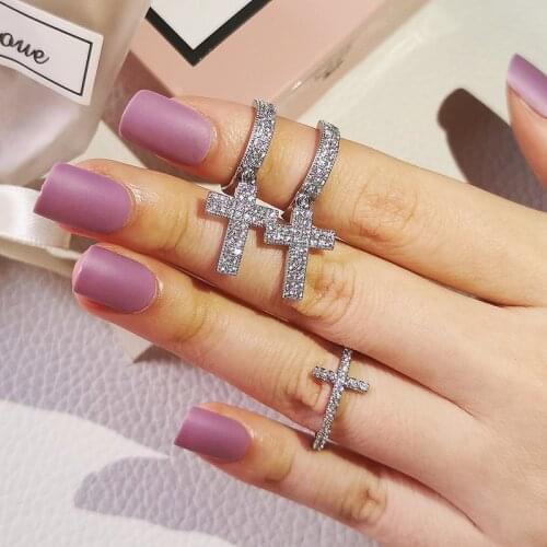 2pcs Pack 925 Sterling Silver Cross Cut Zircon Jewelry Set Engagement Ring Stud Earring For Women Gift J6034