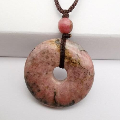 Natural Rhodonite Stone Carved Safety Button Pendant Necklace Adjustable Nylon Rope Braid Jewelry F107