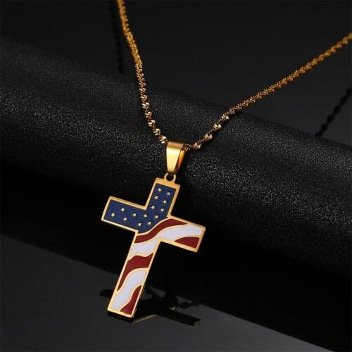 Stainless Steel Gold Color USA Flag Cross Pendant Necklace Enamel Jesus Christian Religion Jewelry