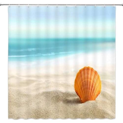 Beach Orange Shell Shower Curtain Ocean Landscape Bathroom Decor Waterproof Polyester Fabric Home Bath Supplies Curtains Sets