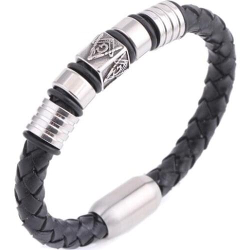Handmade Freemason Bracelets Black Leather Titanium Wristband Masonic Bracelet Magnetic Clasp Free Mason Mens Gift Jewelry 5pcs