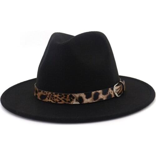 Unisex Leopard Jazz Fedora Hat Men Women Plain Wool Felt Hats Flat Brim Panama Trilby Leather Buckle Decorated Black 12 Color