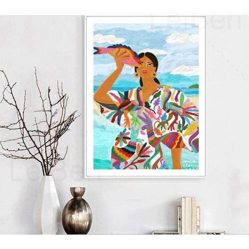 Modern Abstract Mexican Woman Seaside Color Graffiti Canvas Painting Wall Art Poster Aesthetic Home Decoration Aisle Living Room