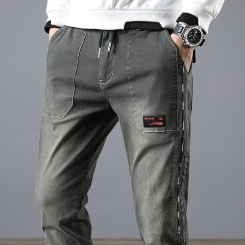 Loose Denim Cargo Pants Men Elastic Waist Stretch Hip Hop Streetwear Striped Men Jogging Pants Fashion Black Cargo Pants