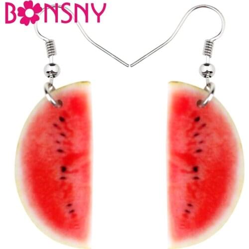 Bonsny Acrylic Half Round Red Watermelon Earrings Big Long Dangle Drop Tropic Summer Fruit Jewelry For Women Girls Teens Gift