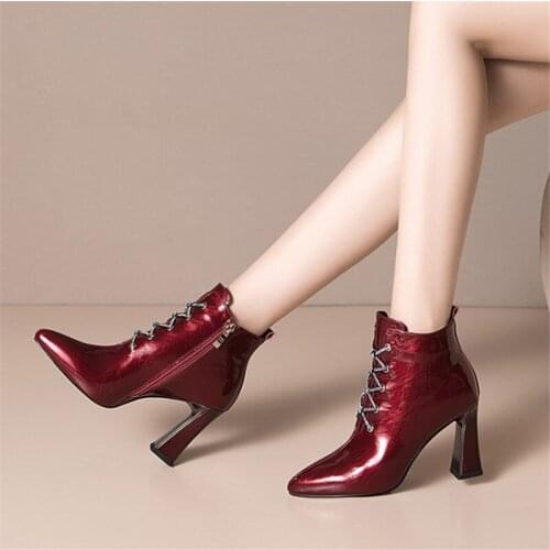 PXELENA 2021 Brand NEW Women Real Genuine Leather Ankle Boots Square High Heels Office Lady Shoes Pointed Toe Plus Size 34-43