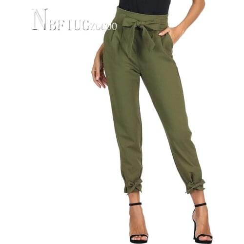 Women Casual Pencil Pants Bowknot Waist Strap Pocket Female Trousers