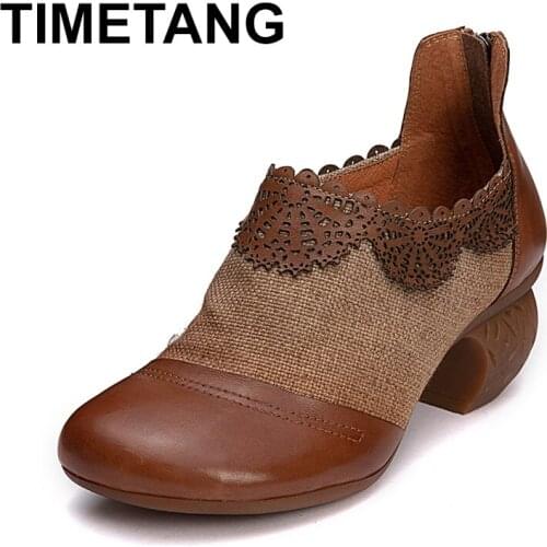 TIMETANG 2019Autumn Leather Shoes Women Pumps Mixed Colors Round Toes Back Zipper Ladies High Heels ShoesE1129