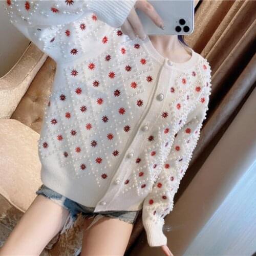 2020 Autumn Winter High Quality Pearl Flower Embroidery Loose Knit Sweater White Cardigan Coat Women Fashion Designer Clothes