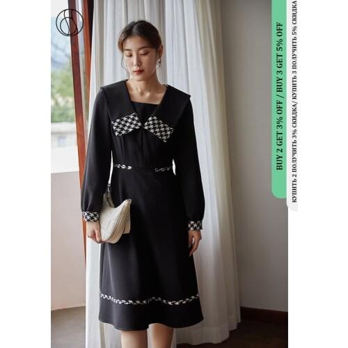 DUSHU Woman Dress Navy Collar Contrast Color Patchwork Dresses Winter New French Elegant A-line Skirt Retro Square Collar Design