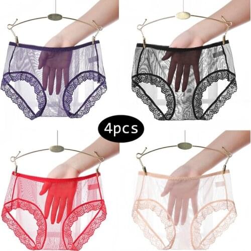 4 Pcs / Set Transparent Mesh Lace Briefs Underwear Sexy Transparent Underwear Erotic Lingerie