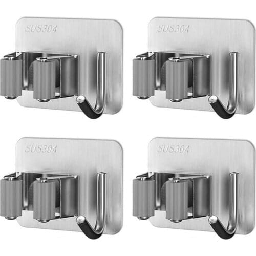 4 Pieces Broom Holder 304 Stainless Steel Self-Adhesive Mop Holder Attached to the Clean and Flat Door Glass Wall