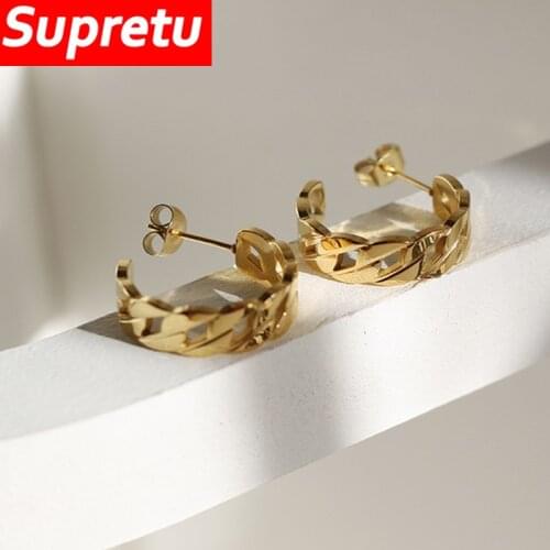 Supretu Elegant C Shaped Stud Earrings Bohemia Charming Trendy Cuba Chain Twist Earring for Women Personality All-Match Jewelry