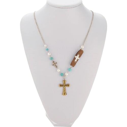 Hot Selling Metal Hammered Crosses Pendant Necklace Pearl Bobo beads Chain Choker For Women moda retro Bijous Collier Women