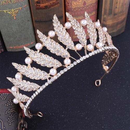 Leaf Crown Pearl Headband for Women Girl Rhinestone Tiaras and Crowns Bride Wedding Hair Accessories Bridal Headdress Headpieces