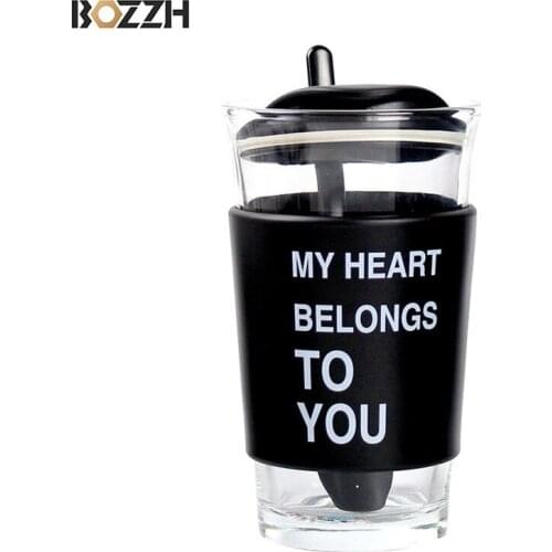 BOZZH Creative Glass Cup With Spoon Milk Tea Breakfast Mug Coffee Cup For Breakfast Milk Tea Juice Cold Drinkware Couple Gift