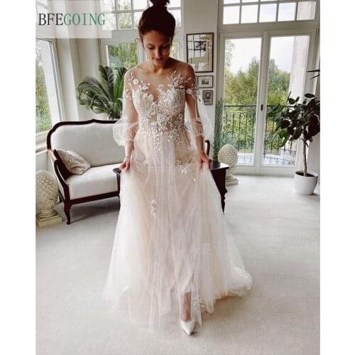 Tulle Lace Appliques Floor-Length A-Line Wedding Dresses Chapel Train Long Sleeves Bridal Gowns Custom Made