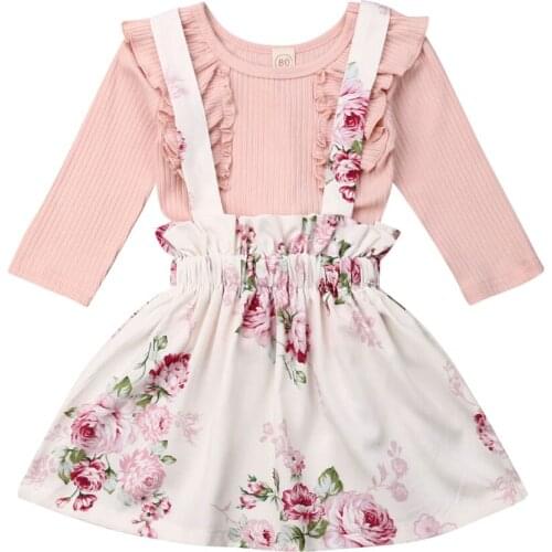 6M-4Y Cute Toddler Newborn Baby Girls Clothing Set Ruffles Long Sleeve T shirts + Flower Skirts Overalls Autumn Spring New