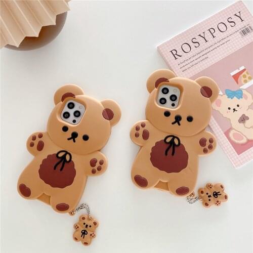 Cartoon Bow bear Soft Silicone Phone Case for iPhone 12 Pro Max 11 6 7 8 Plus X XR XS MAX Pendant Lanyard Phone Cover