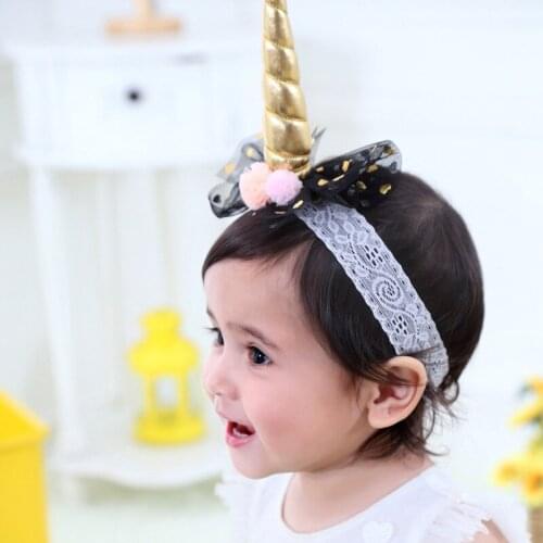 New Cute Lace Chiffon Unicorn Shape Hairbands For Kid Girls Flower Children Headwear Photo Party Decoration