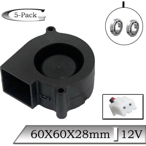 5 Pcs Gdstime 12V 60mm 60x28mm Ball Bearing 2Pin PC Cooling Fan 6028B 6cm Brushless DC Turbo Blower Industrial Equipment Cooler