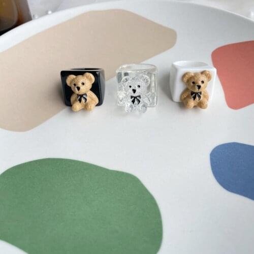 Origin Summer Korean Little Bear Ring for Women Trendy Resin Square Geometric Transparent Multiple Index Finger Ring Jewelry