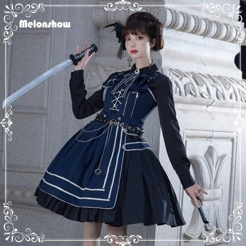 Melonshow Military Lolita Dress Blue Plus Size Japanese Gothic Jsk Victorian Dress Women Summer Princess Dress Kawaii Clothes