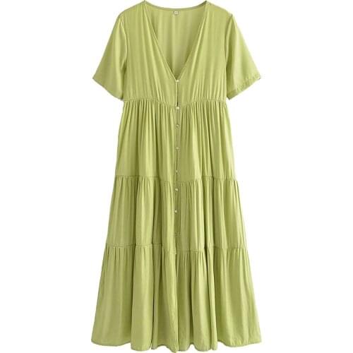 Avocado Green Women Buttons Pleated Midi Dress Vintage V Neck Short Sleeve Female Dresses Vestidos Mujer Sea Holiday Beach Wear