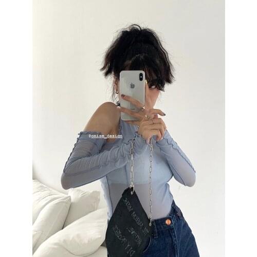 Sexy Transparent Gauze T-shirt for Fashion Girls 2021 Spring New Long Sleeve Bottom Shirt Tight Half Turtleneck Hollow Clothes