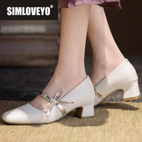 SIMLOVEYO New 2021 Women Pumps Square Toe 4.5cm Block Heels Buckle Bowtie Stylish Breathable Vintage Big Size 43 Casual A3836
