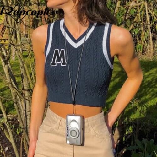 Rapcopter Patchwork Tank Top y2k Vintage Crop Top Knitwear Letter V Neck Knitted Jumpers Women Mini Vest Harajuku Tee Tops 90s