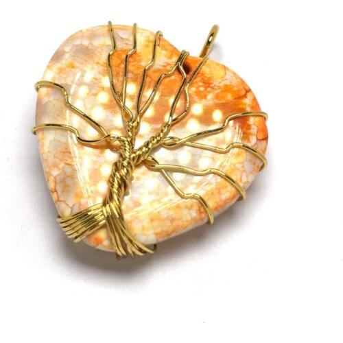 FYJS Unique Light Yellow Gold Color Wire Wrap Love Heart Pendant 3 Style Agates Tree of Life Jewelry