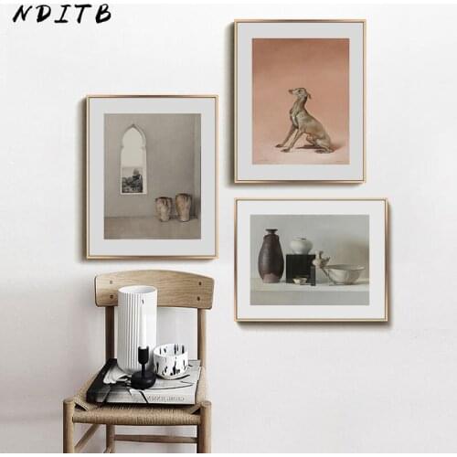 Vase Dog Still Life Canvas Wall Art Print Abstract Vintage Poster Minimalist Painting Wall Decoration Picture for Living Room