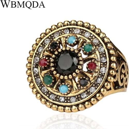 Vintage Ethnic Indian Jewelry Round Flower Wedding Rings For Women Multicolor Resin Crystal Antique Gold Ring Bohemian Jewellery